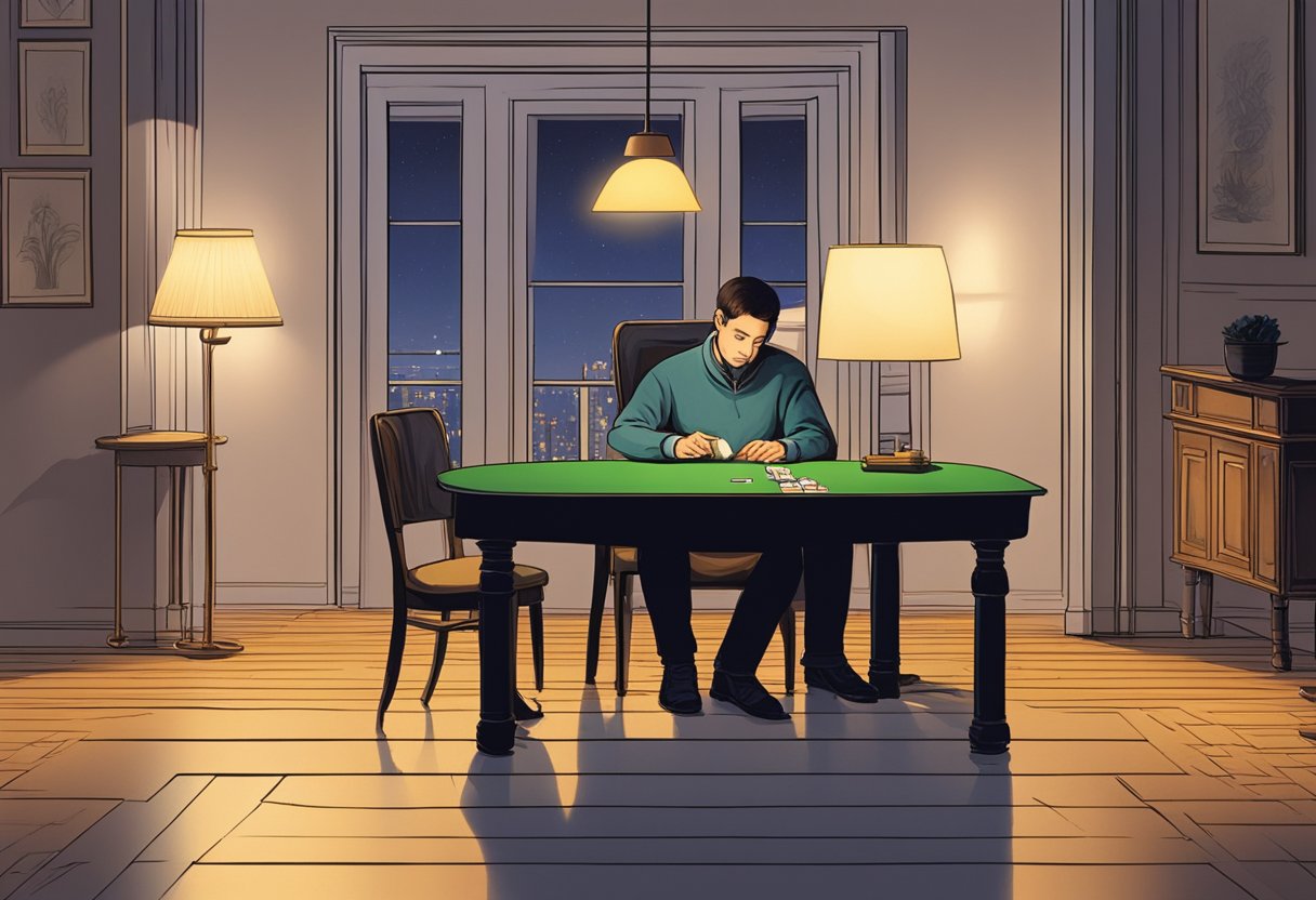 A solitary figure sits at a table, engrossed in a game of solitaire. The soft glow of a lamp illuminates the cards as they are carefully arranged and moved