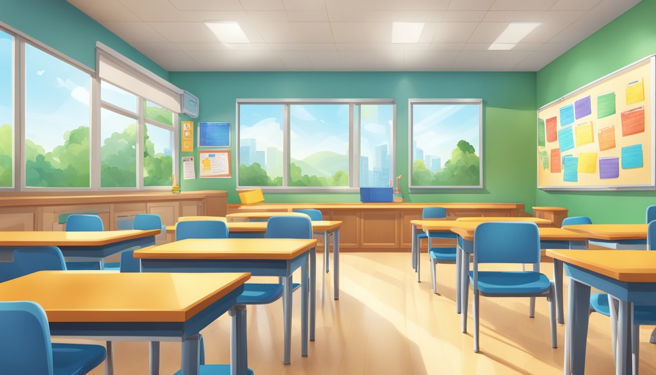 Brightly lit classroom with colorful posters, books, and a whiteboard. Comfortable seating and a welcoming atmosphere