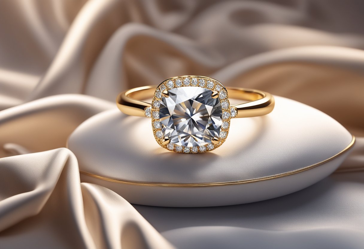 A sparkling diamond ring rests on a velvet cushion, bathed in soft light, with a backdrop of luxurious fabric and elegant decor