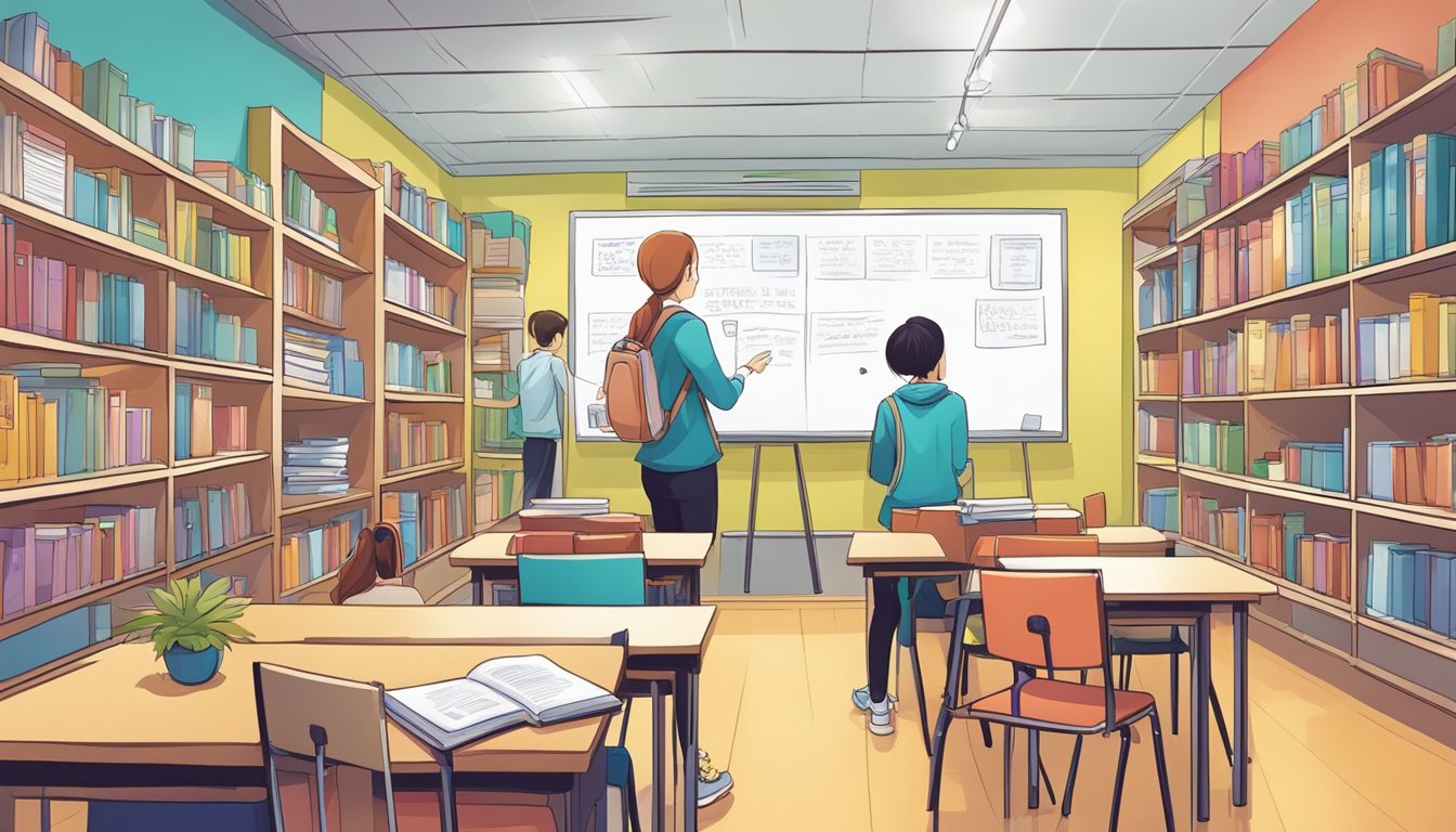 Students eagerly enter a bright, modern tuition centre. A whiteboard displays English grammar rules, while shelves hold books and learning materials