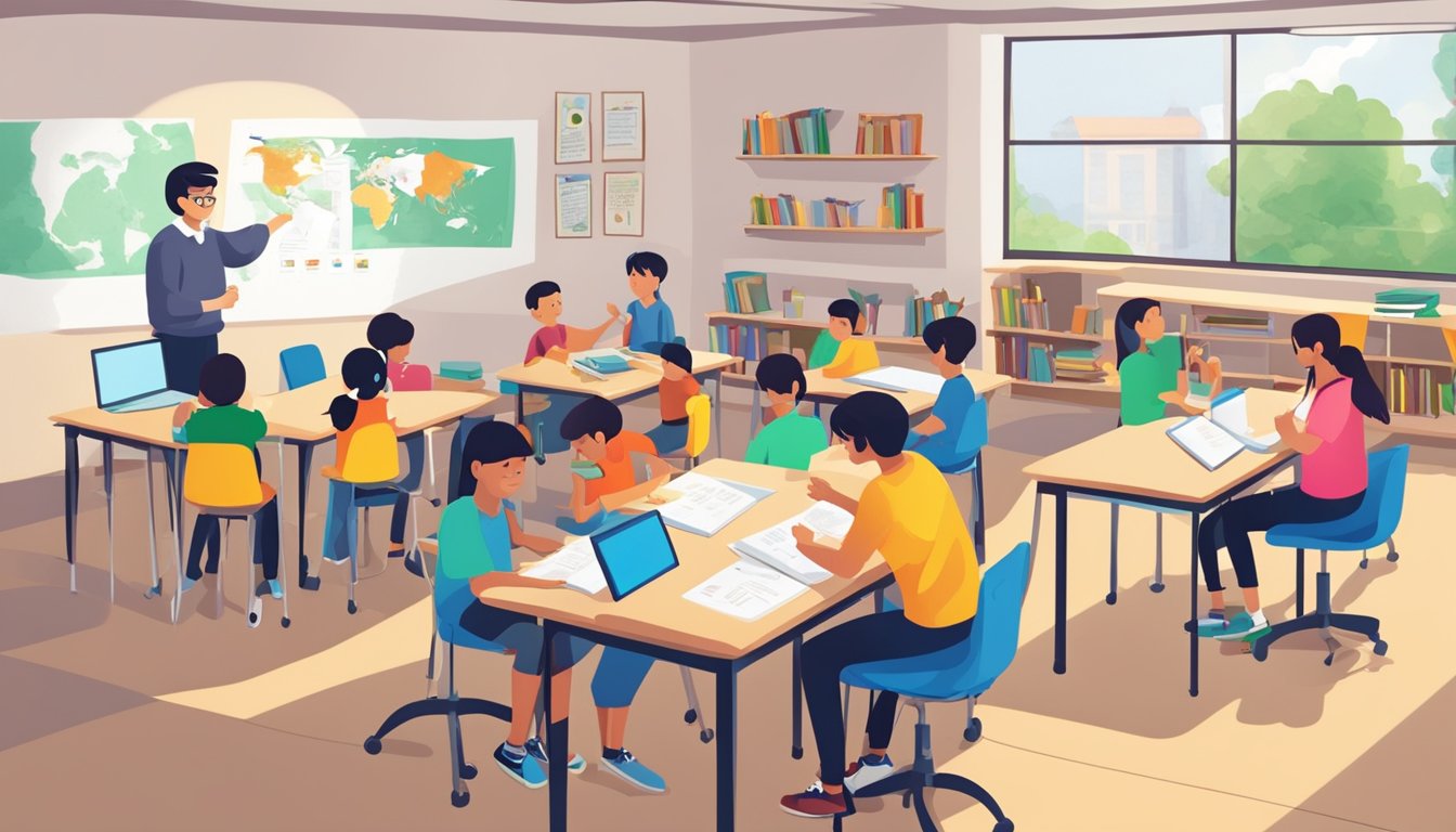 Students actively engage in interactive language activities at the innovative English tuition center. The atmosphere is vibrant and dynamic, with students eagerly participating in discussions and exercises to enhance their language skills