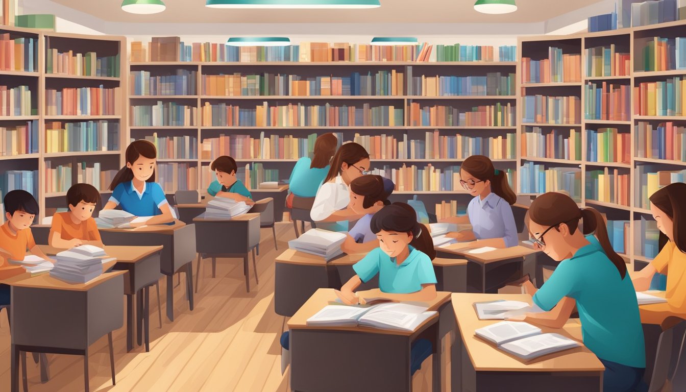 A bustling English tuition center with students engaged in learning, surrounded by bookshelves and educational materials