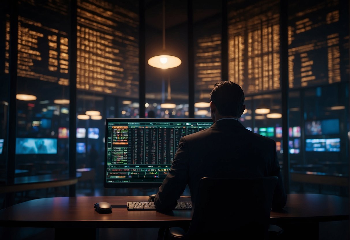 A shadowy figure places a bet on a digital platform, shielded by layers of encryption and anonymity. The glow of the screen illuminates the dark room, highlighting the security advantages of crypto gambling