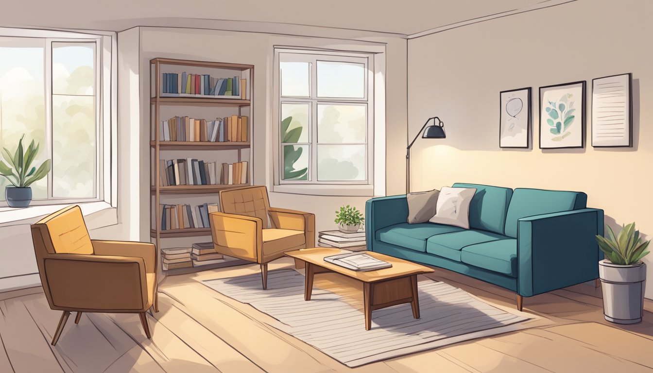 A cozy living room with a small table and two chairs, a stack of books, and a whiteboard with writing utensils