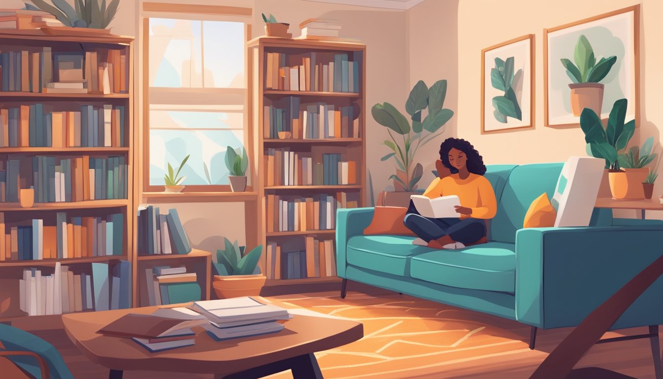 A cozy living room with a tutor and a student engaged in personalized learning, surrounded by books, educational materials, and a whiteboard