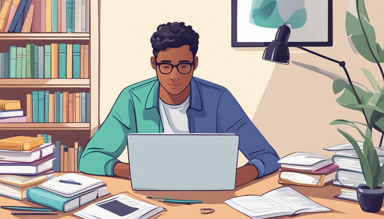 A parent sits at a desk, browsing through profiles of potential tutors on a laptop. A stack of books and educational materials is scattered on the table