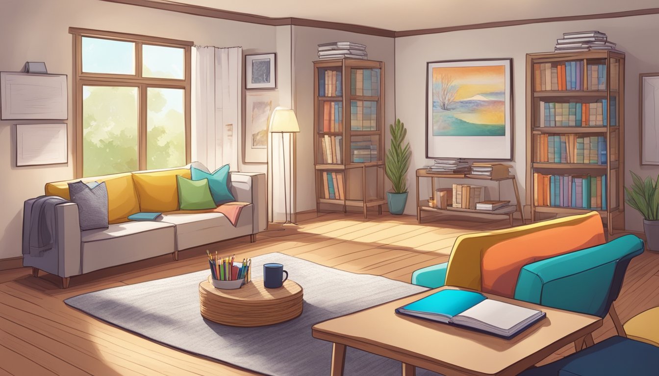 A cozy living room with a table and chairs set up for a tutoring session. Books and educational materials are neatly arranged on the table. A whiteboard with colorful markers is visible in the background