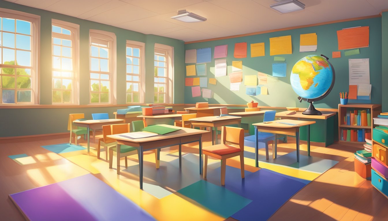 A colorful classroom with a whiteboard showing primary 5 tuition rates. Books, pencils, and a globe are scattered on desks. Sunlight streams through the windows, casting shadows on the floor