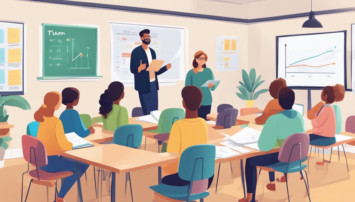 A tutor explains primary 5 tuition rates to parents in a cozy classroom, using a whiteboard to illustrate cost breakdowns and payment options