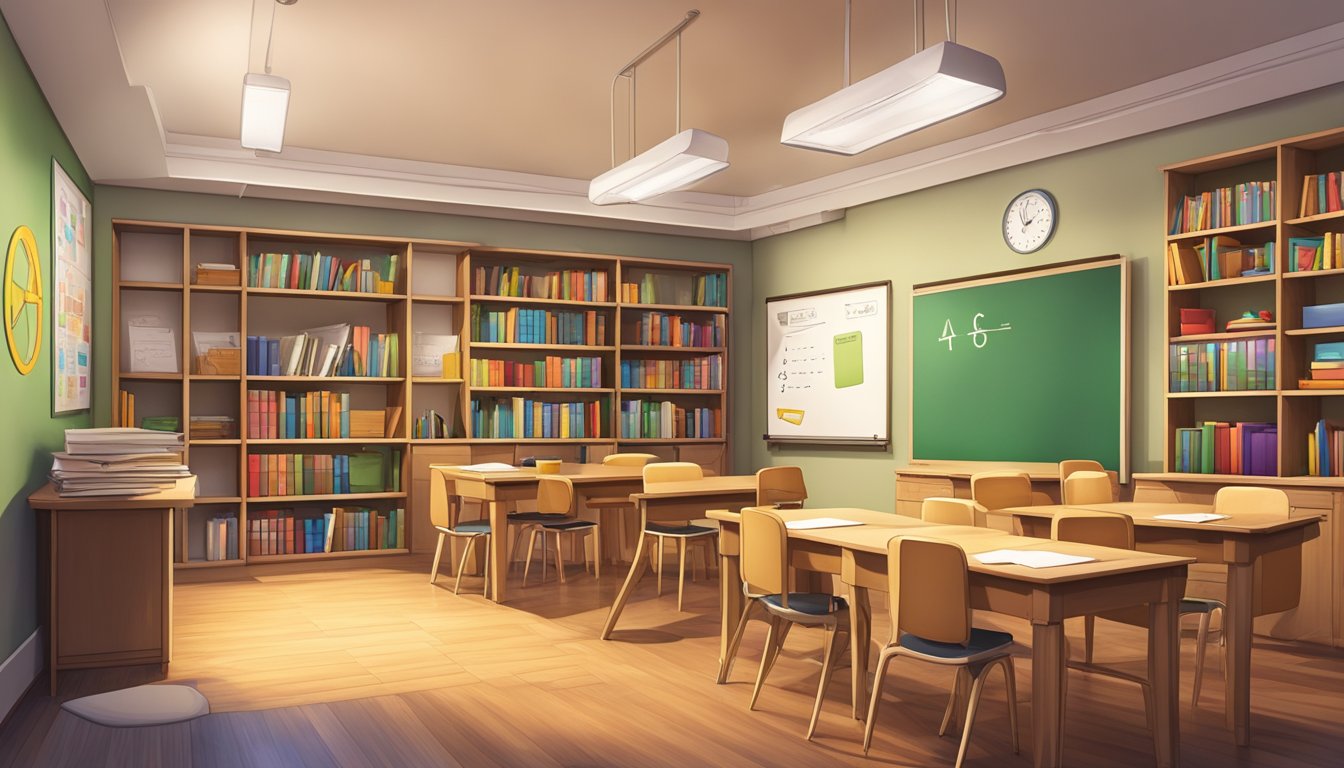 The triquetra tuition centre is a cozy, well-lit space with bookshelves lining the walls and colorful educational posters adorning the room. A whiteboard at the front displays math equations and diagrams
