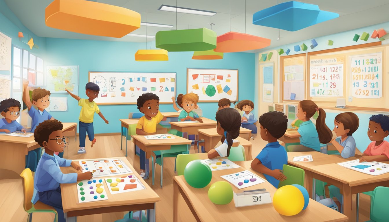 A classroom filled with colorful math manipulatives and engaging visual aids, with students actively participating in hands-on activities to enhance their math proficiency in Primary 5