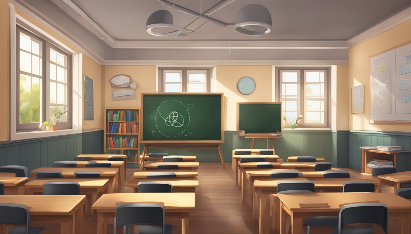 A classroom with three interconnected circles representing the triquetra symbol. Books, a chalkboard, and educational materials are scattered around the room