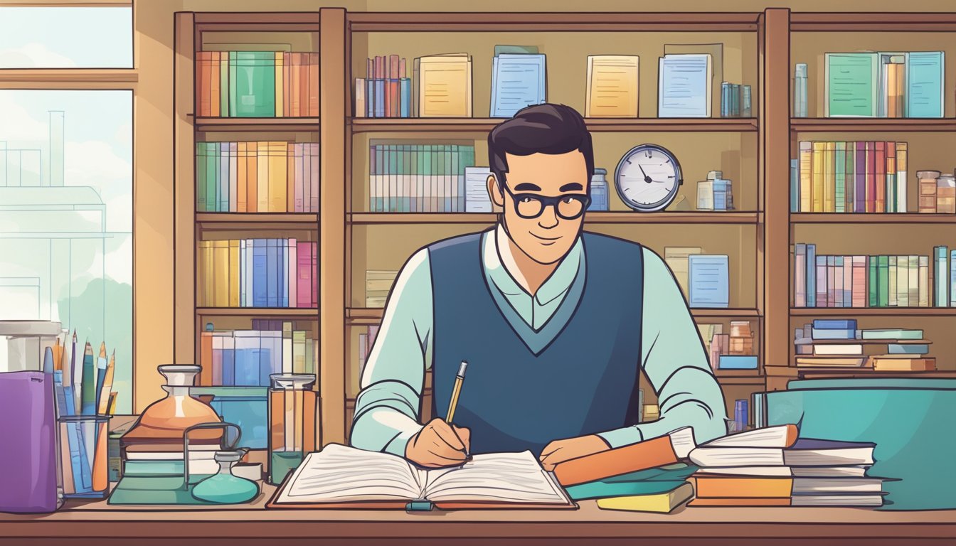 Making Sense Tuition: A Smart Investment for Your Child's Future Chemistry textbooks, notebooks, and a periodic table arranged neatly on a desk with a tutor explaining concepts