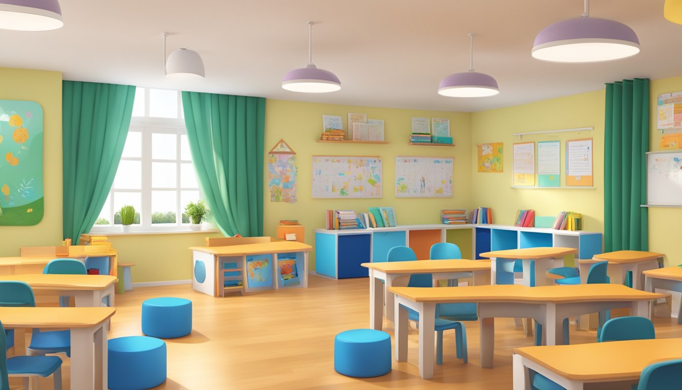 A bright and welcoming classroom at Triquetra Tuition Centre, with colorful educational materials and a cozy reading nook