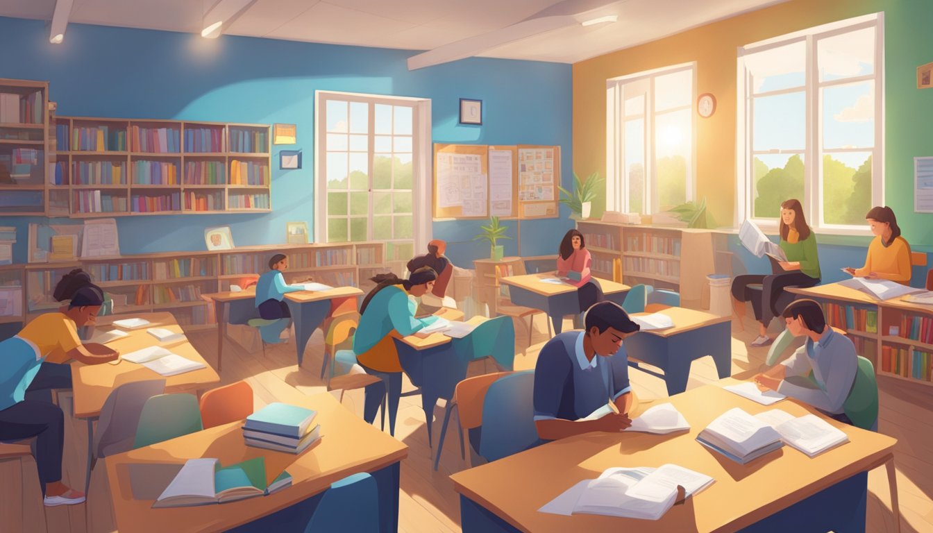 A brightly lit room with students asking questions at a triquetra tuition centre. Books and study materials are scattered on the tables
