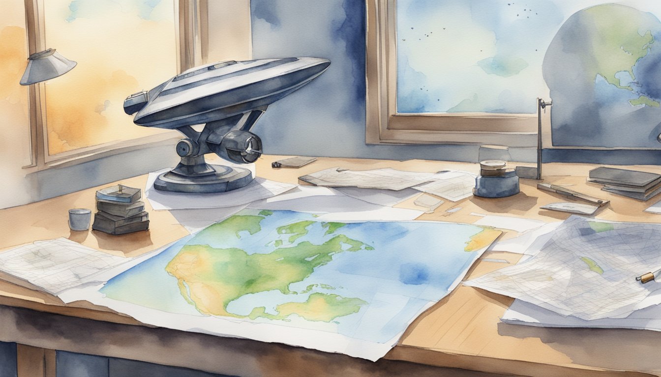 Reports of UFO sightings and evidence scattered on a desk, with a map showing locations of sightings and a telescope pointing towards the sky