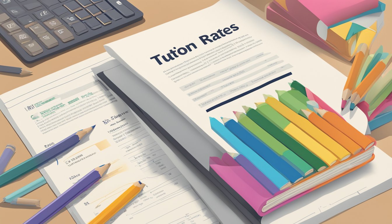 A colorful flyer with bold text displays primary 5 tuition rates. A stack of books and a pencil sit nearby, suggesting academic preparation