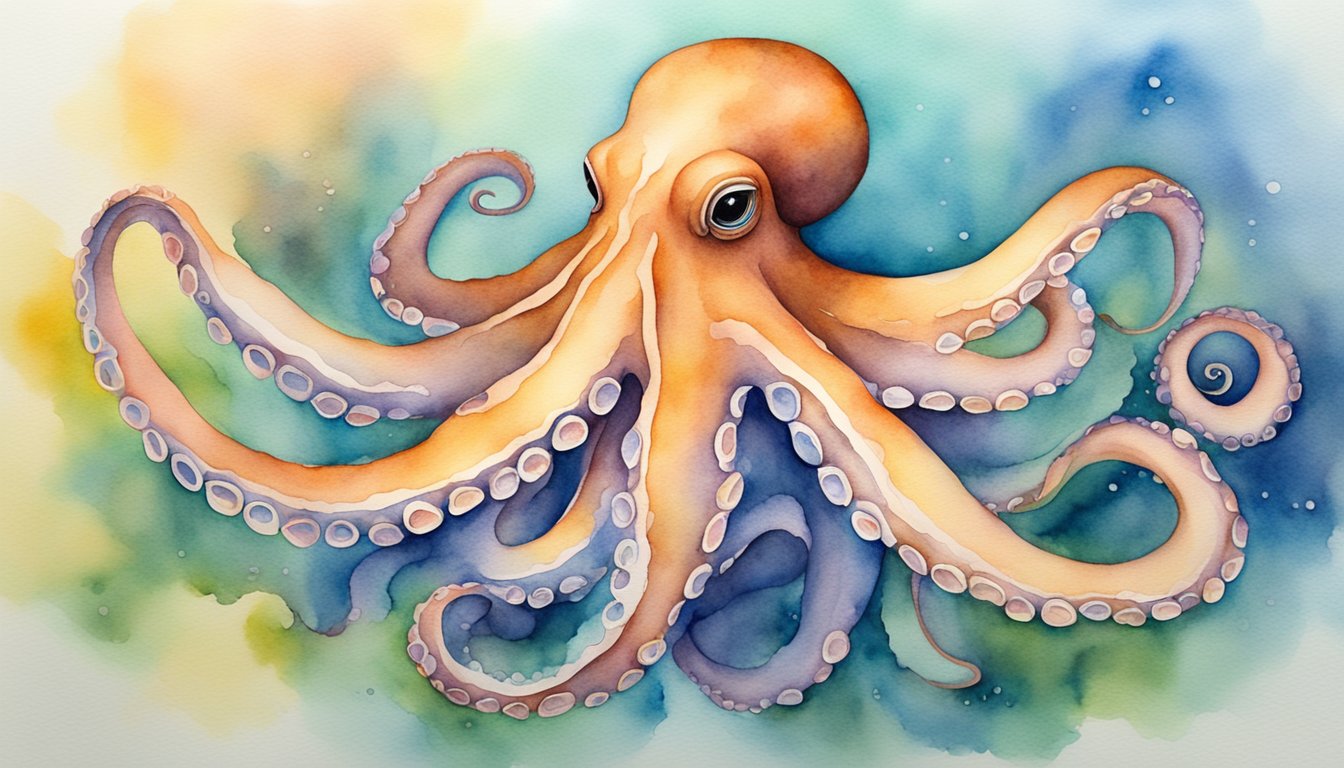 An octopus swims gracefully, its three hearts pulsating rhythmically as it changes color to blend into its surroundings