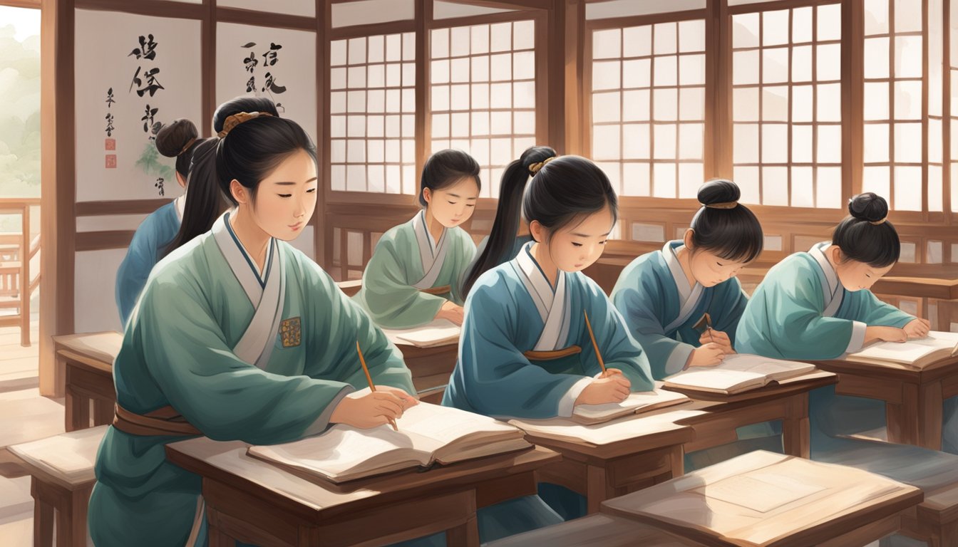 A group of students studying diligently in a peaceful, traditional Chinese classroom with calligraphy and paintings adorning the walls