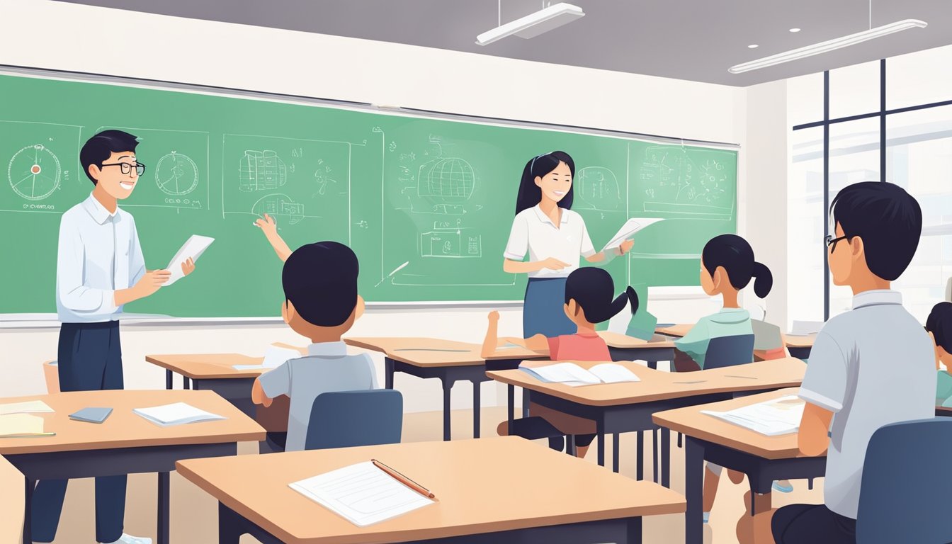 Students engage in interactive learning at Chinese tuition centres in Singapore. Whiteboards display characters, while teachers guide discussions