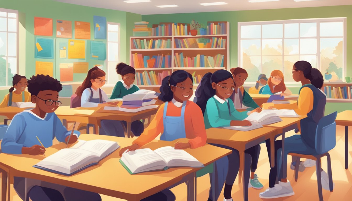 Students engaged in language activities, surrounded by books and educational materials, in a vibrant and welcoming classroom setting