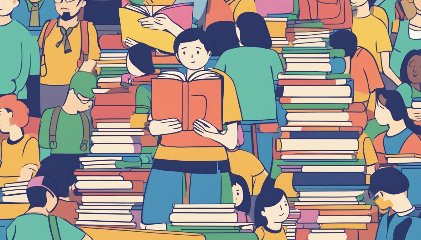 A stack of colorful books with "Frequently Asked Questions 天下 tuition" on the cover, surrounded by curious students and a teacher