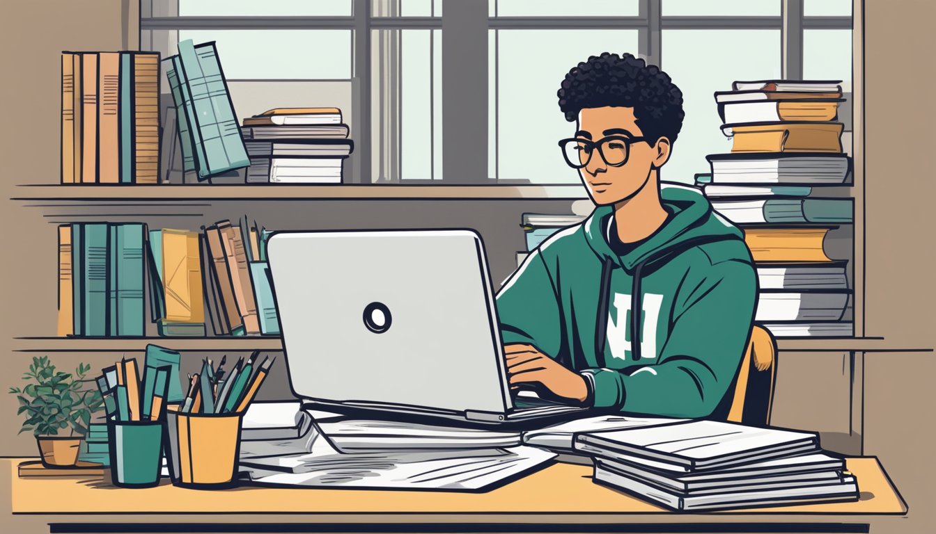 A student sits at a desk, surrounded by textbooks and a laptop, calculating Nebraska Wesleyan tuition costs. The student