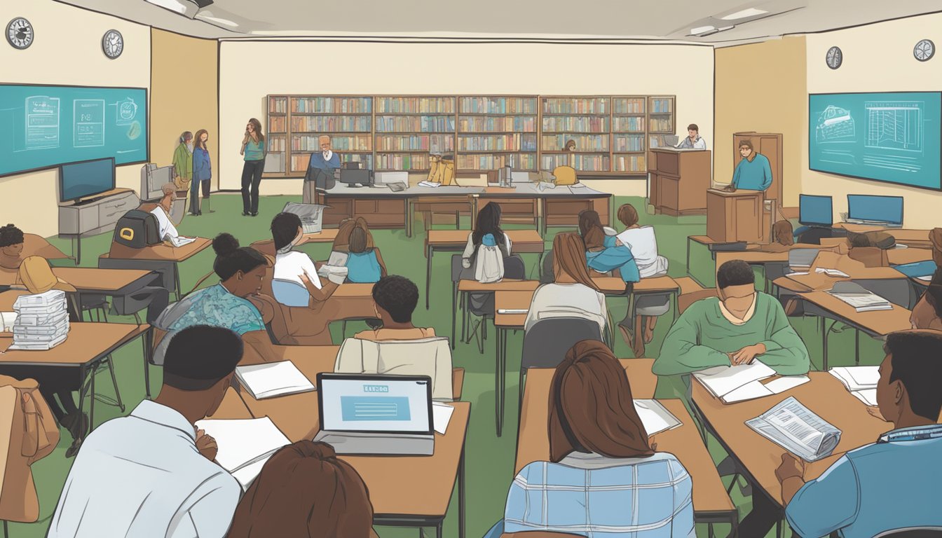 Students receiving financial aid and scholarships at Nebraska Wesleyan University, with tuition signs in the background
