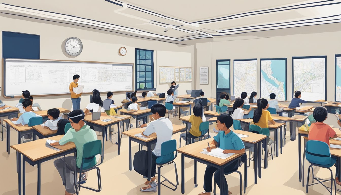 A bustling tuition centre in Marine Parade, filled with students studying and teachers instructing. Whiteboards and desks fill the room, with educational posters adorning the walls