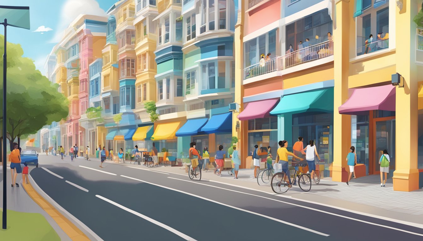 A bustling Marine Parade street with colorful signage for top tuition centres