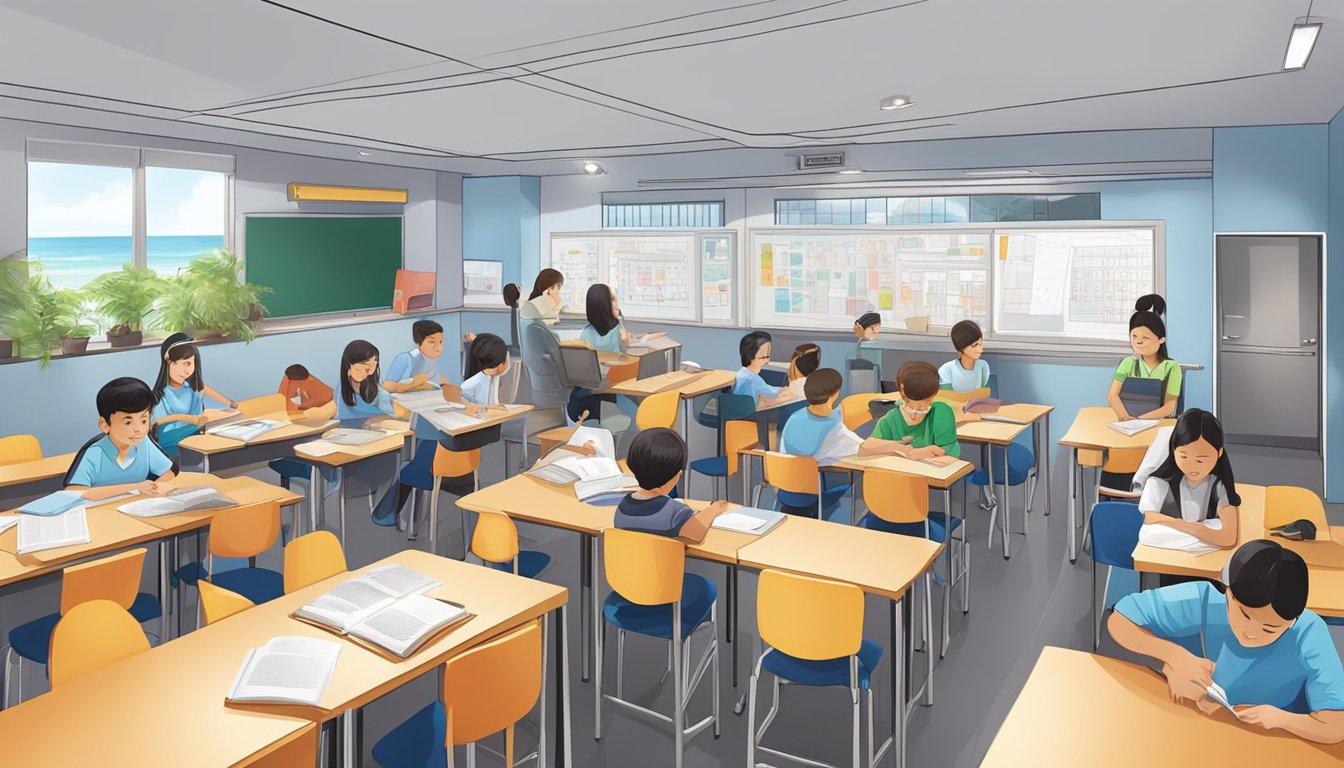 A bustling tuition centre in Marine Parade with students engaged in learning activities and tutors providing guidance