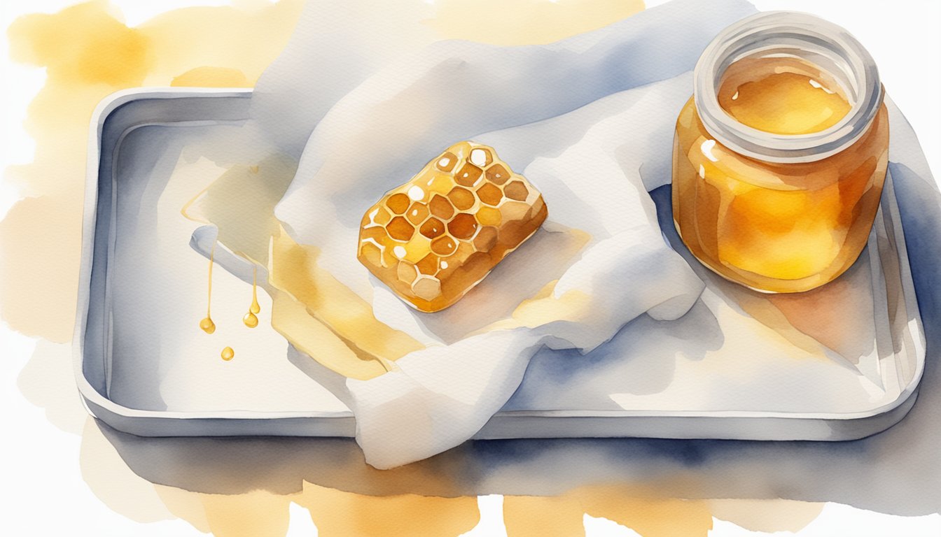 A jar of honey sits on a clean, white medical tray.</p><p>A gauze bandage is unwrapped, ready to be coated in honey for burn treatment