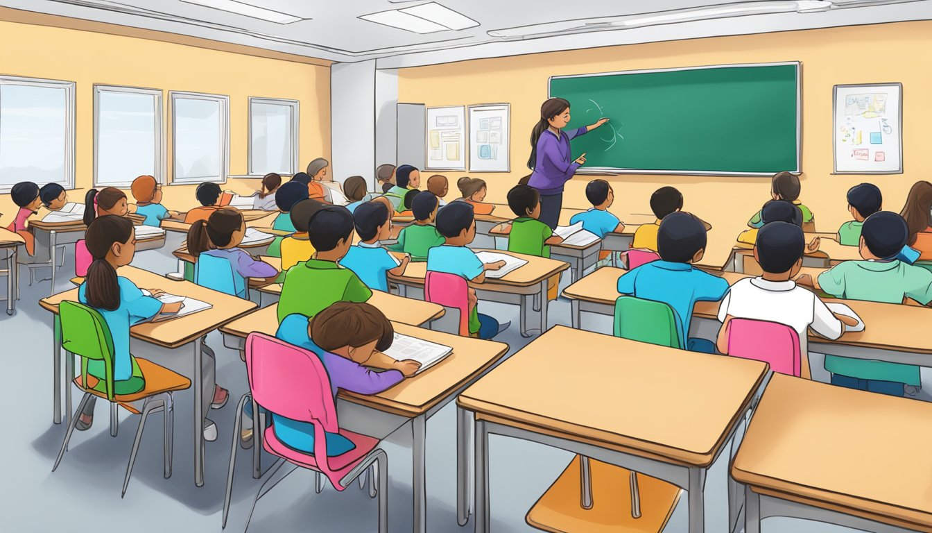 A bustling classroom at Smart Tuition RSM, with students engaged in learning activities and a knowledgeable instructor leading the lesson