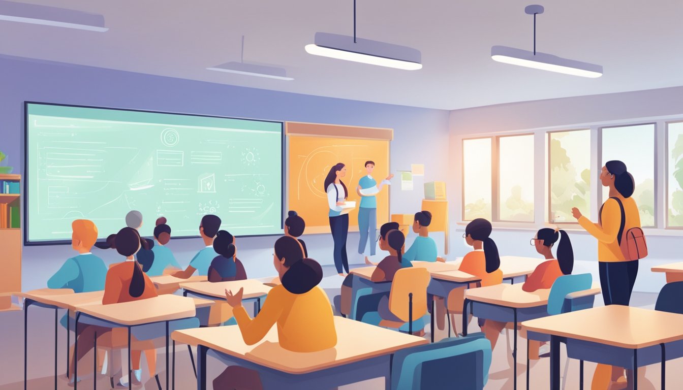 A bright classroom with students engaged in learning, while a teacher explains Smart Tuition RSM on a whiteboard