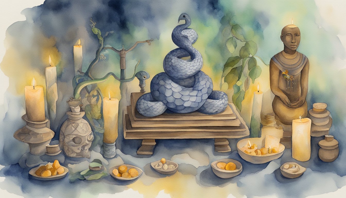 A voodoo altar with candles, offerings, and symbolic objects.</p><p>A snake slithers nearby as spirits are invoked