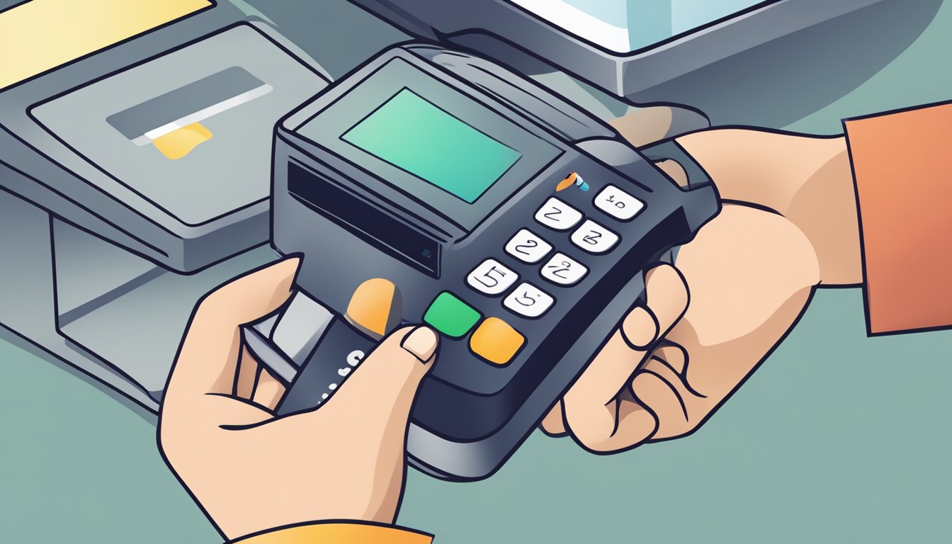 A hand swipes a credit card through a payment terminal with ease. The screen displays "Smart Tuition RSM" as the transaction is processed