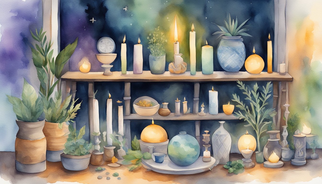 A voodoo altar with candles, herbs, and symbolic objects, surrounded by offerings and a mysterious atmosphere