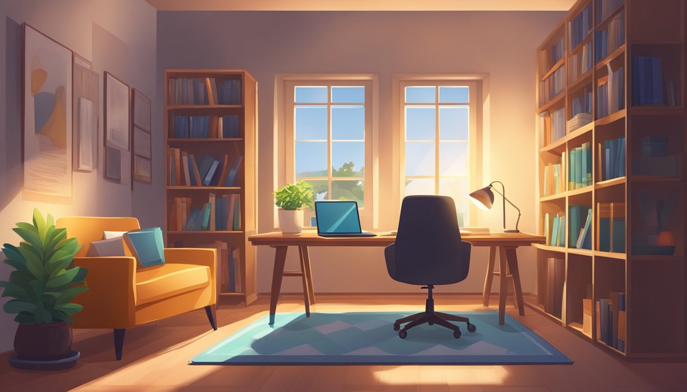 A cozy study room with bookshelves, a desk, and a comfortable chair. A bright lamp illuminates the space, creating a warm and inviting atmosphere for learning and discussion