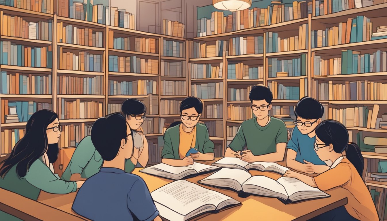 Students engage in lively discussions surrounded by bookshelves and literary posters in the cozy JC Literature Tuition in Singapore