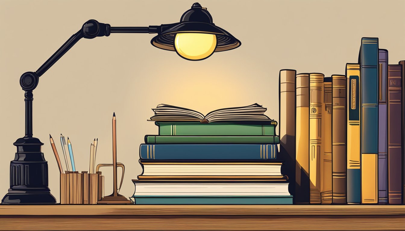 A stack of classic novels sits atop a wooden desk, surrounded by pens and notebooks. A desk lamp casts a warm glow over the scene