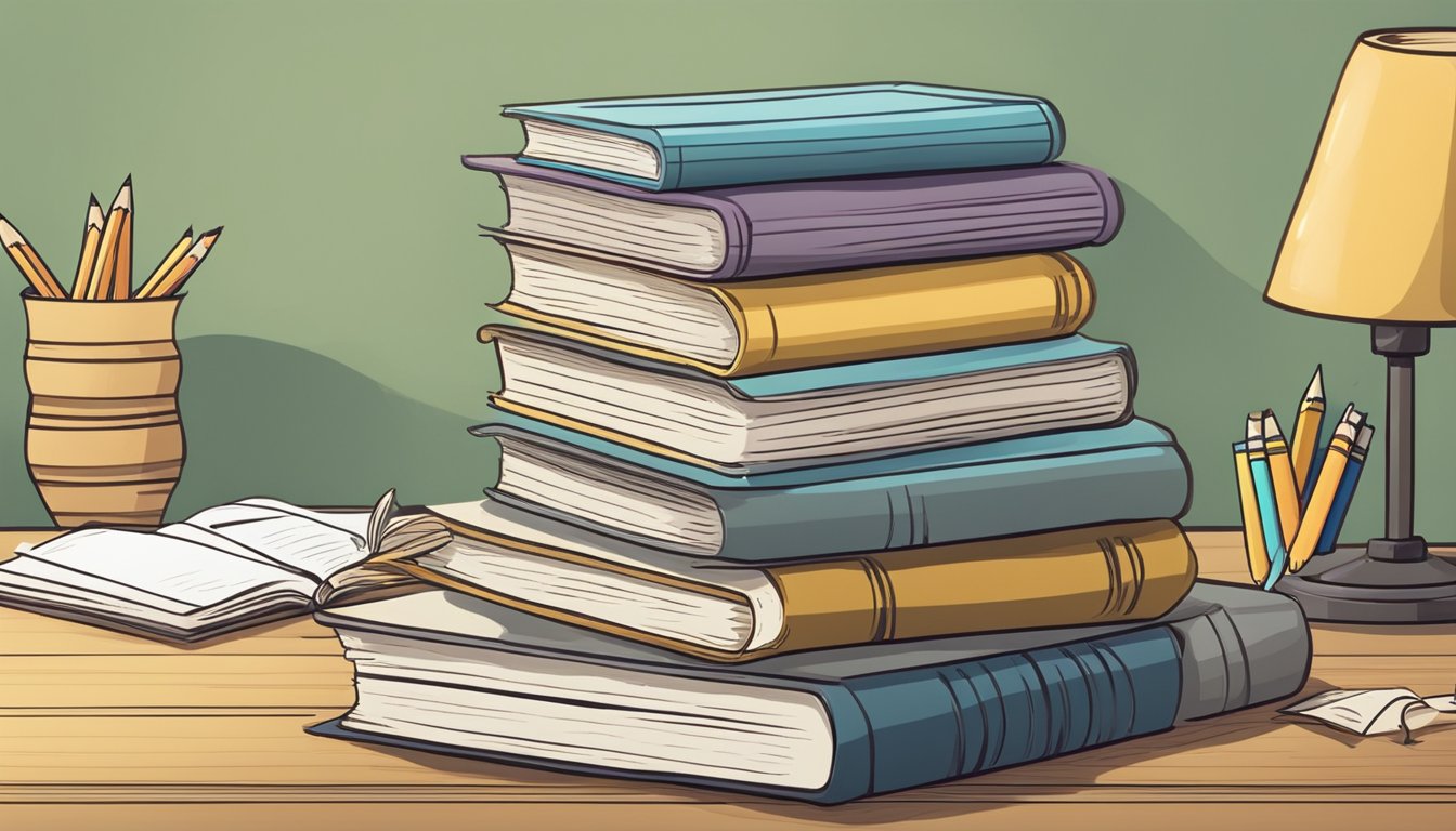 A stack of books with "Frequently Asked Questions" on top, surrounded by pencils and paper, in a quiet study room
