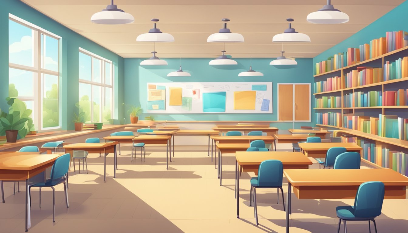 A bright and spacious classroom with neatly arranged desks and chairs. Whiteboards and educational posters line the walls. Shelves filled with textbooks and learning materials