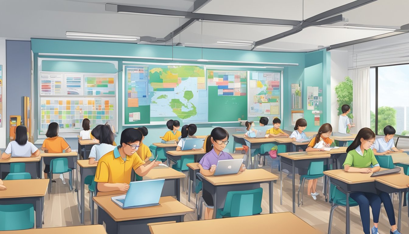 A bustling tuition centre in Singapore, with students engaged in learning activities and teachers providing guidance