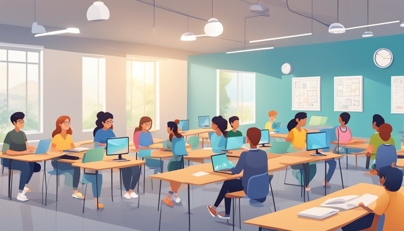 Students engaged in interactive learning activities at a modern tuition centre. Bright, spacious classrooms with advanced technology and supportive teachers