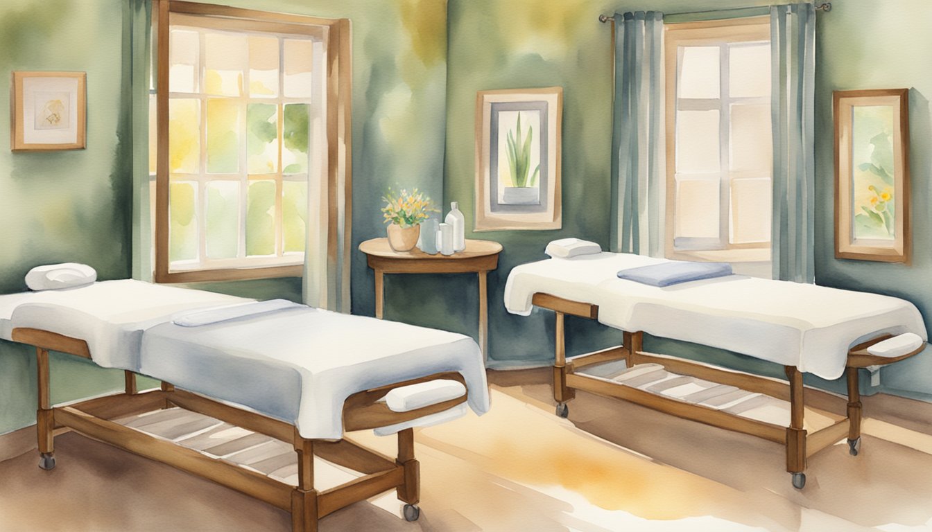 Two massage tables side by side, one labeled "Swedish Massage" and the other "Deep Tissue Massage." A serene, spa-like setting with soft lighting and calming décor