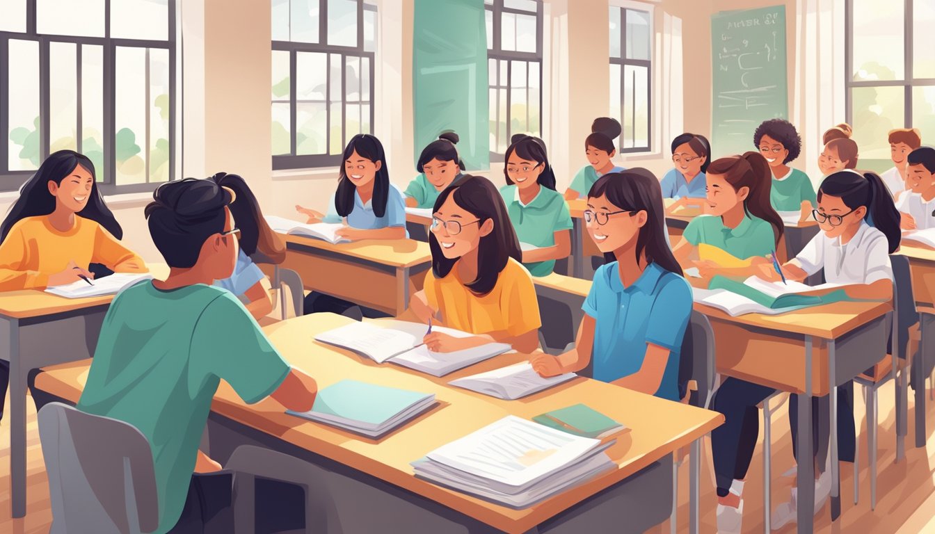 Students eagerly engage with tutors in a bright, organized classroom at a top-rated secondary school tuition center