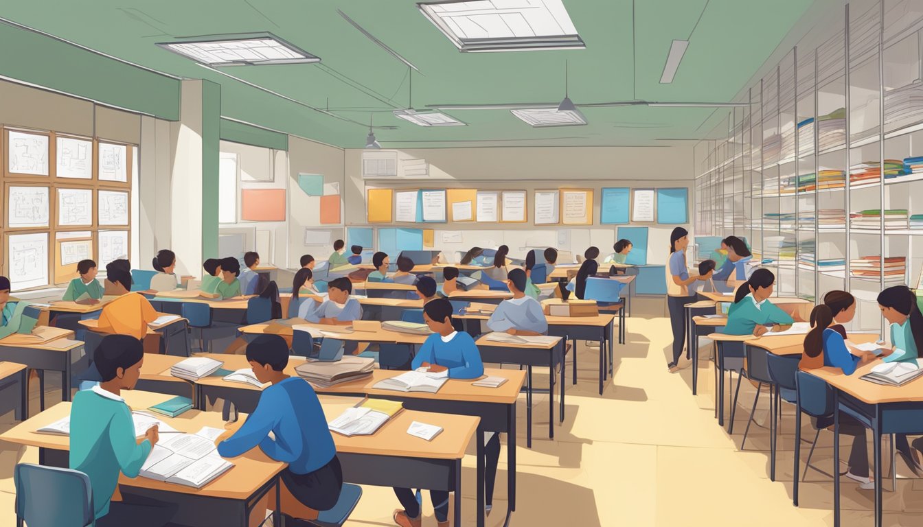 My Tuition Centre: Boosting Your Child's Academic Success A bustling tuition centre with students studying at desks, a whiteboard filled with equations, and shelves of textbooks lining the walls