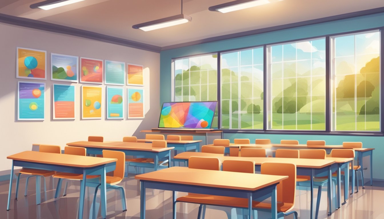 My Tuition Centre: Boosting Your Child's Academic Success Brightly lit classroom with colorful posters and educational materials. Comfortable seating and modern technology. Welcoming atmosphere