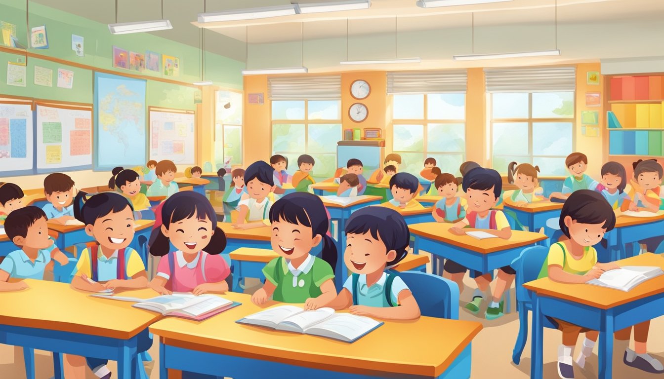 A bustling primary school tuition center in Singapore with colorful classrooms and eager students engaged in learning activities