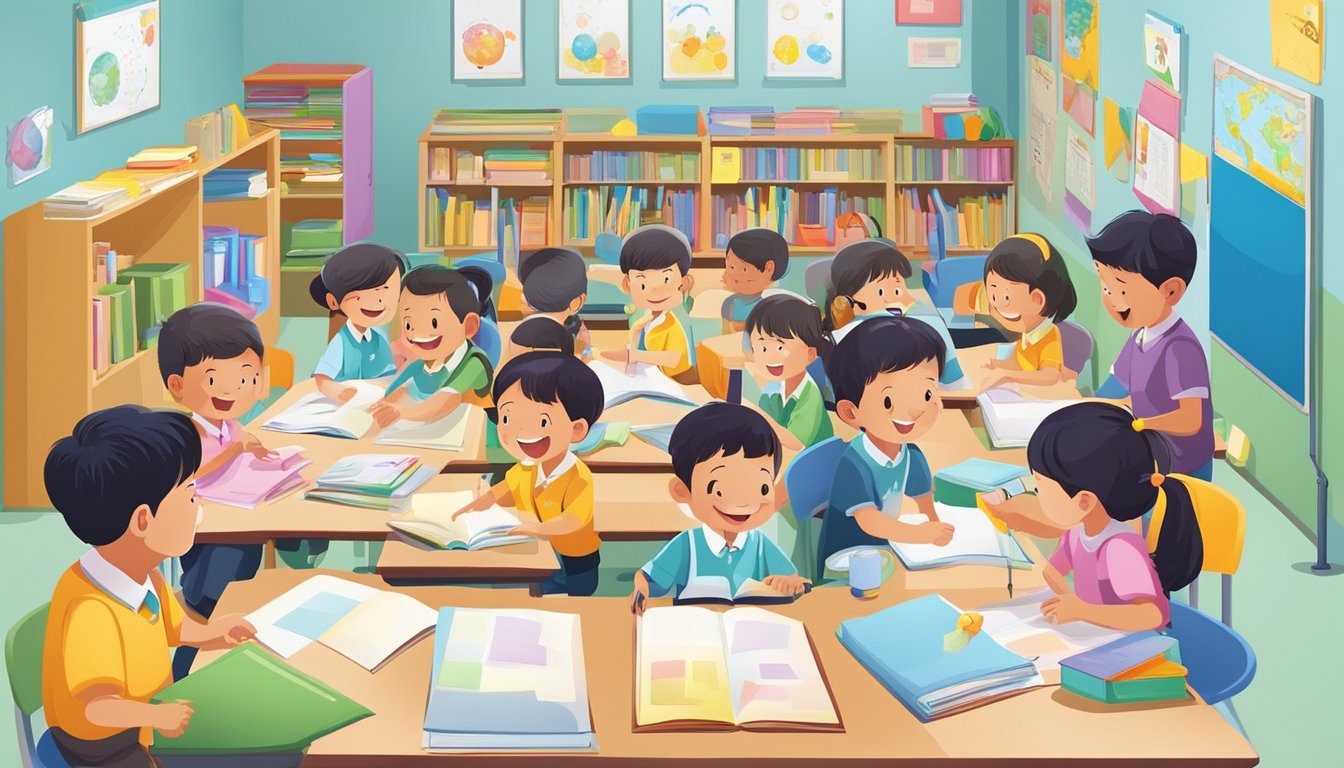 Children eagerly engage in learning activities at various primary school tuition centres in Singapore, surrounded by colorful educational materials and enthusiastic teachers